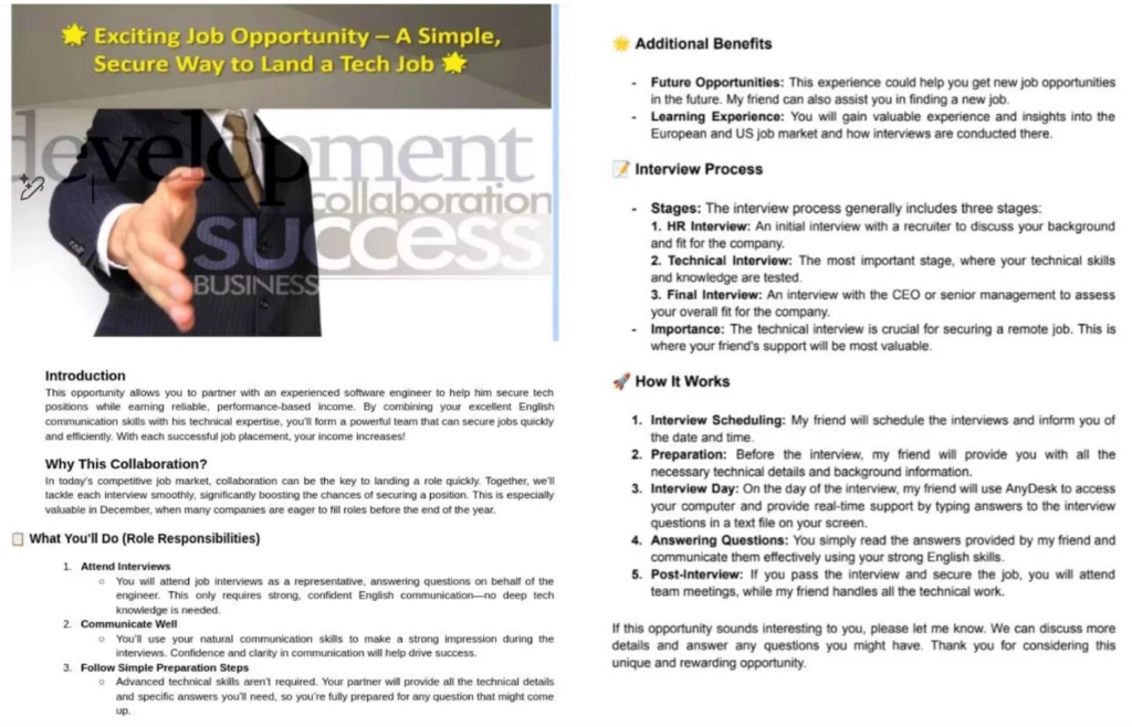 Screenshot of an example job opportunity for a facilitator role, with the headline reading Exciting Job Opportunity A Simple, Secure Way to Land a Tech Job with details regarding the process to interview, provided benefits, and job functions. 