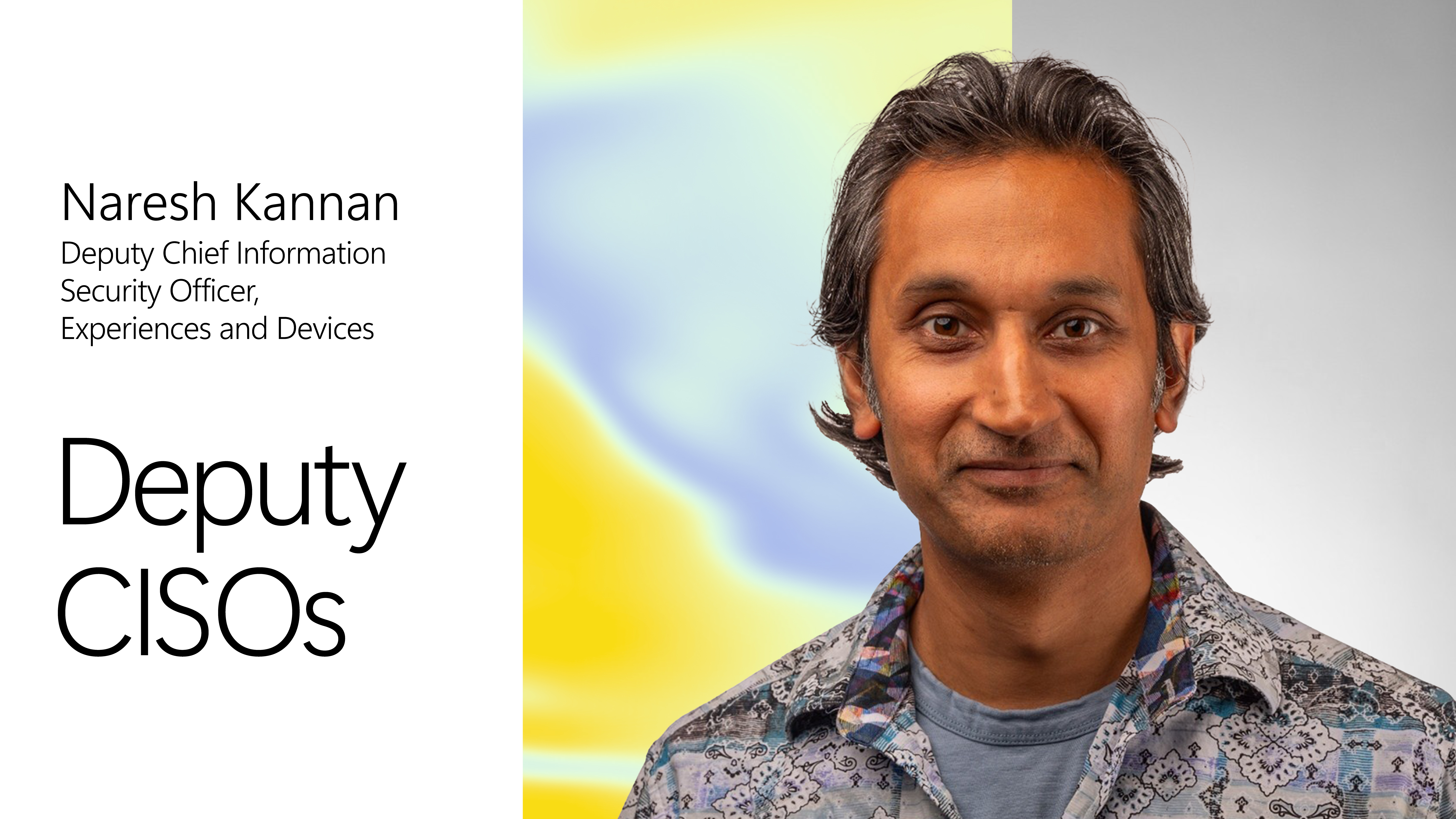 A man in a blue shirt with a blue and yellow background with black text.