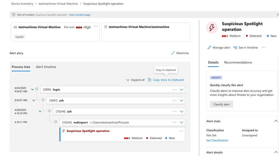 Screenshot of Defender for Endpoint's detection reading Suspicious Spotlight operation