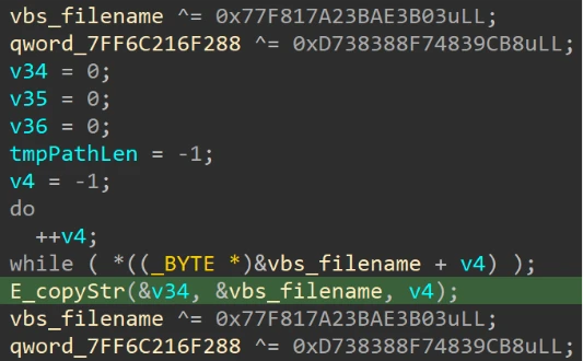 Screenshot of code depicting the string decoding operation for the VB script name