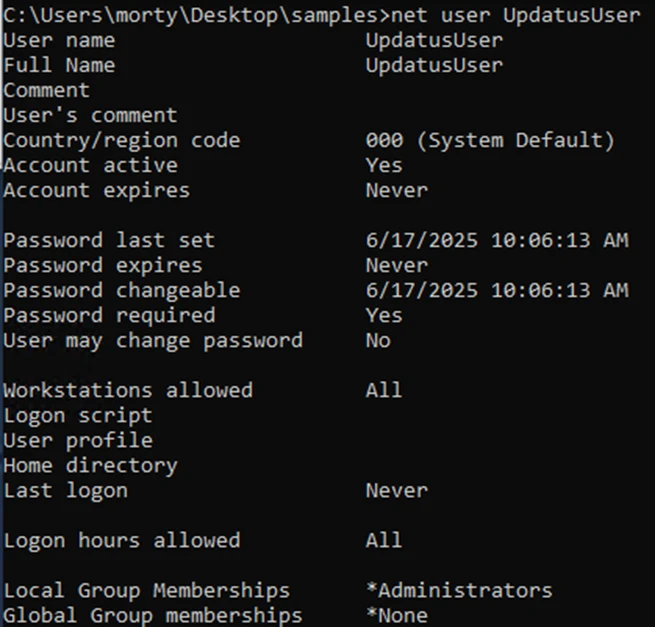 Screenshot of an admin user being added to an infected system with the username UpdatusUser