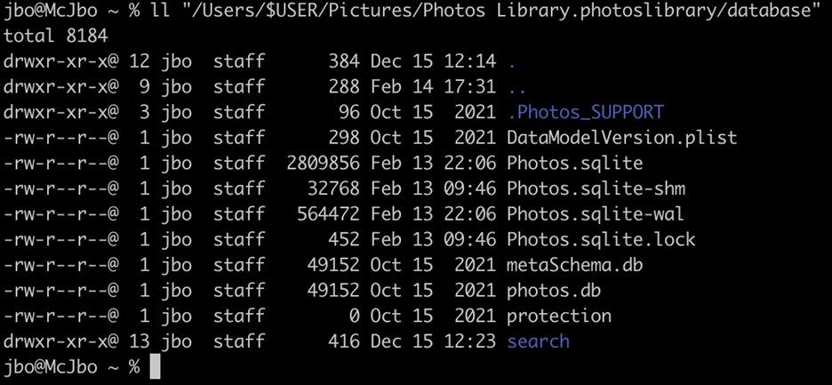 Screenshot of index files created by Apple Intelligence, including Photos.sqlite and photos.db