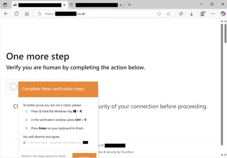 Screenshot of a ClickFix lure spoofing Cloudflare Turnstile