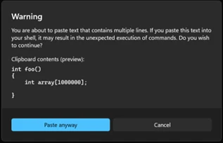 Screenshot of multiple line warning in Windows Terminal