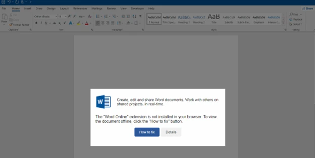 Screenshot of HTML attachment showing a Microsoft Word background and ClickFix lure