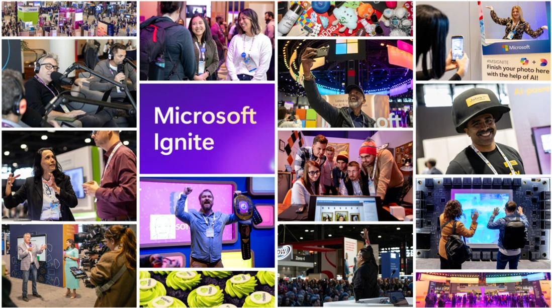 Collage of Microsoft event sessions.