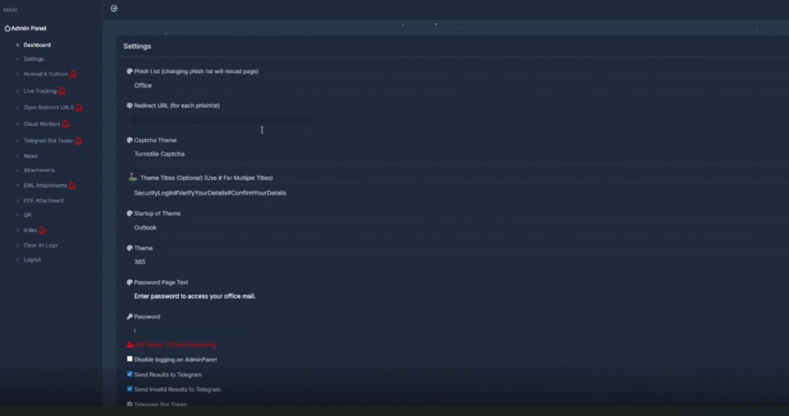 Screenshot of phishing page them selection and configuration settings in the Tycoon2FA admin panel