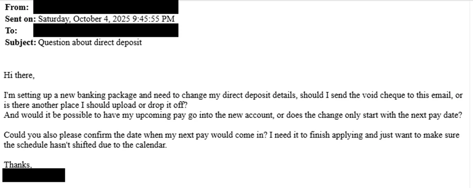 An example email with several questions regarding direct deposit payments, such as where to send the void cheque, whether the payment can go to a new account, and requesting confirmation of the next payment date.