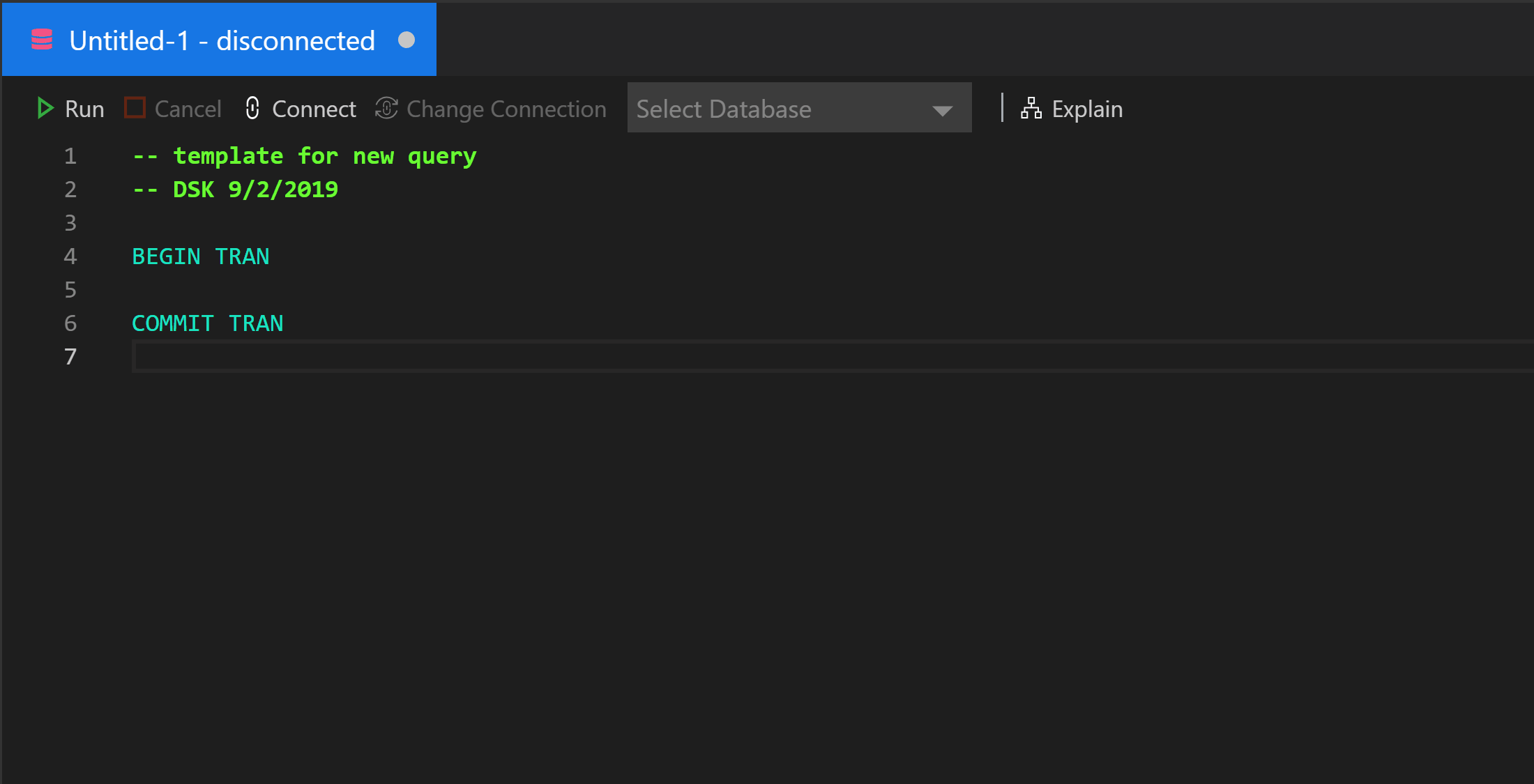 Set new query template in Azure Data Studio.