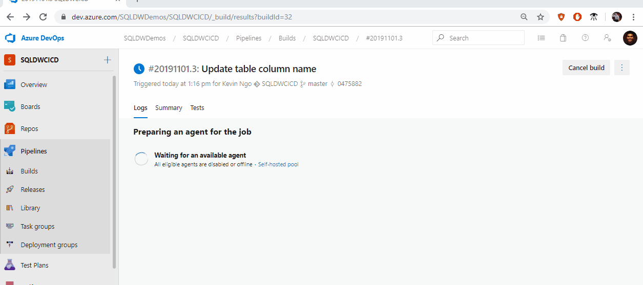 Downloading the SQL analytics deployment task in the Azure DevOps marketplace.