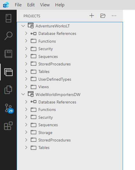 Upper left corner of Azure Data Studio with Projects pane open showing 2 projects, AdventureWorksLT and WideWorldImportersDW.