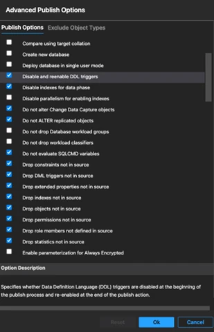 Screenshot of the SQL Database Projects Publish dialog in Azure Data Studio showing the list of all the Publish Options.