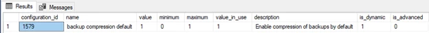 Image of code: SELECT * FROM sys.configurations WHERE name = 'backup compression default'
