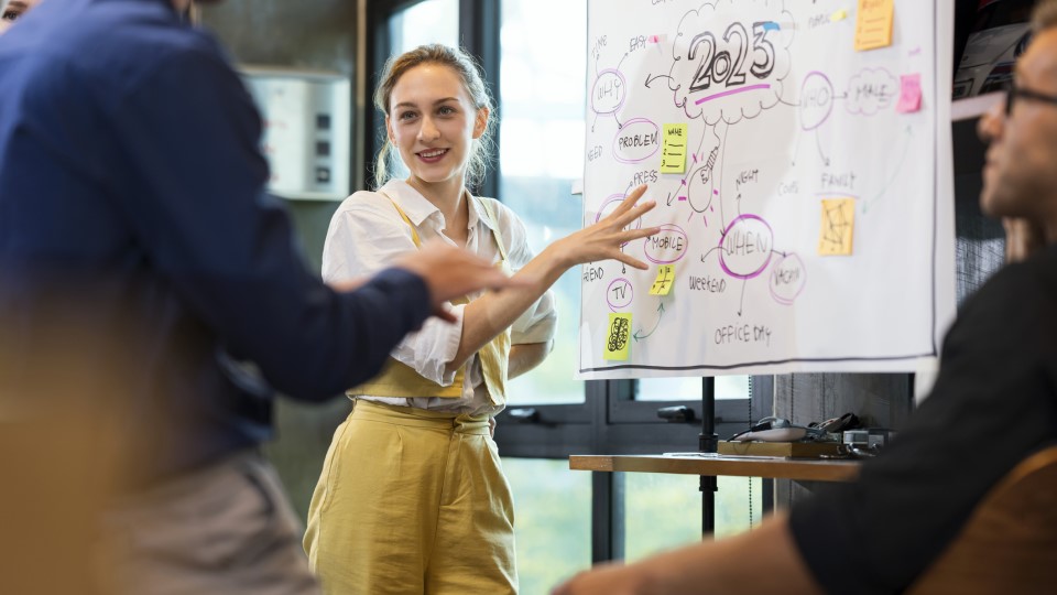Woman explains diagrams on whiteboard to her colleagues.