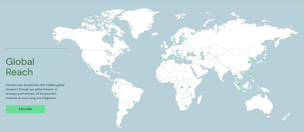 Image 2: A map illustrating Pockyt’s international presence. It reads: ”Connect your businesses with 4 billion global shoppers through our global network of strategic partnerships. All the payment methods at once using one integration.”
