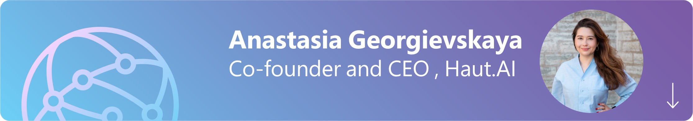 blue and purple banner with a woman's headshot, name, and title