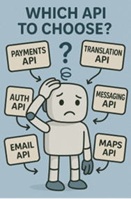 A frowning robot wonders "Which API to choose?" It considers APIs for payments, translation, auth, messaging, email, and maps and seems confused.