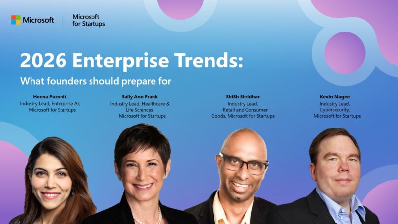 Graphic with the headshots of Henna Purohit, Sally Ann Frank, Shish Shridhar, and Kevin Magee, that reads "2026 Enterprise trends: what founders should prepare for."