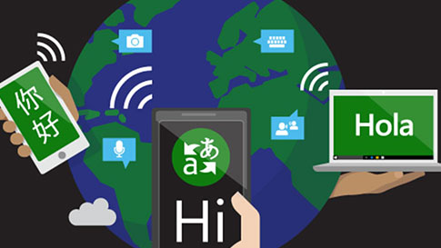 Ilustração de um globo terrestre com a palavra "Olá" traduzida para muitas línguas diferentes