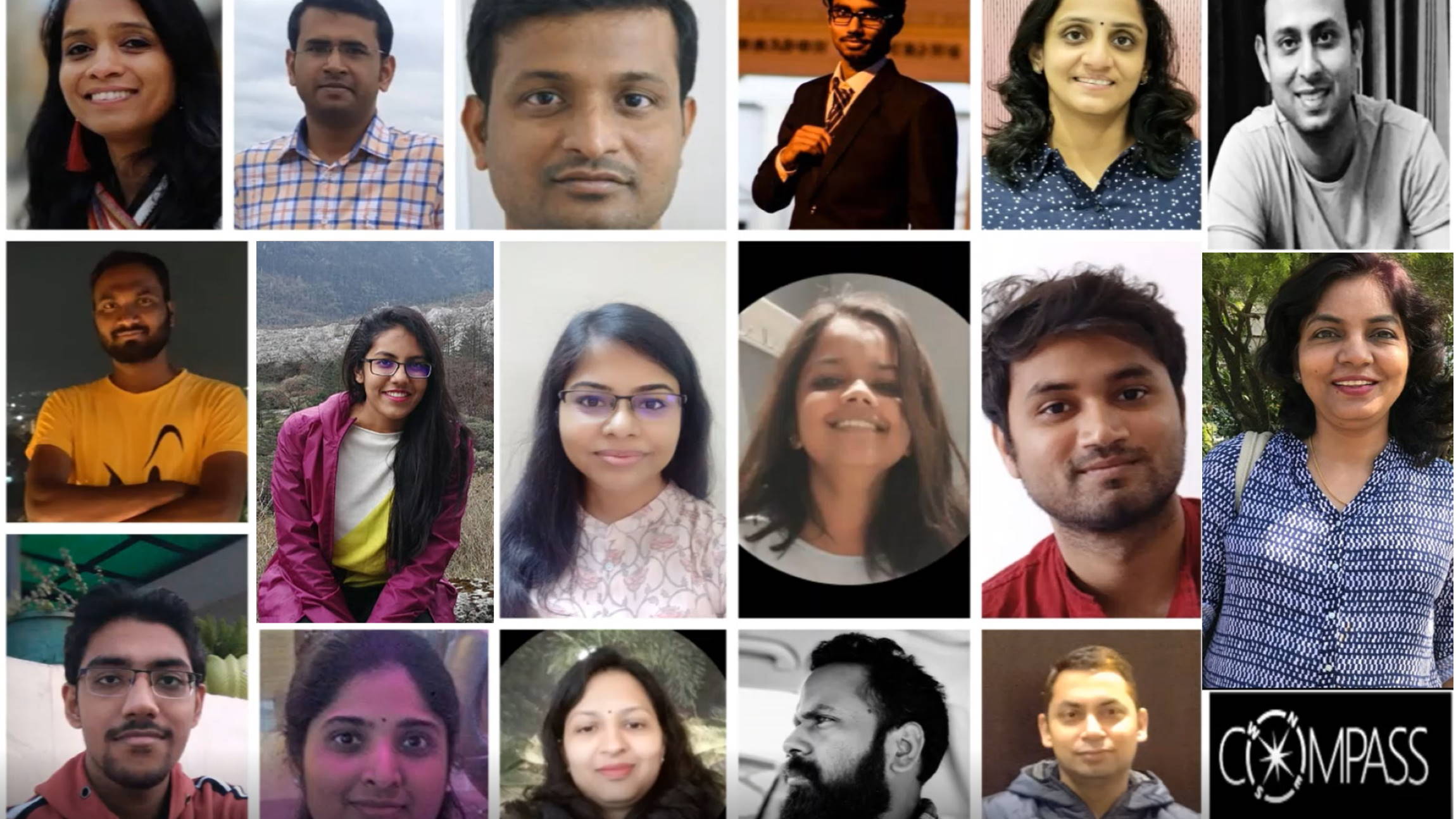A collage of seventeen Compass team member portraits, including the Compass logo in the bottom right.