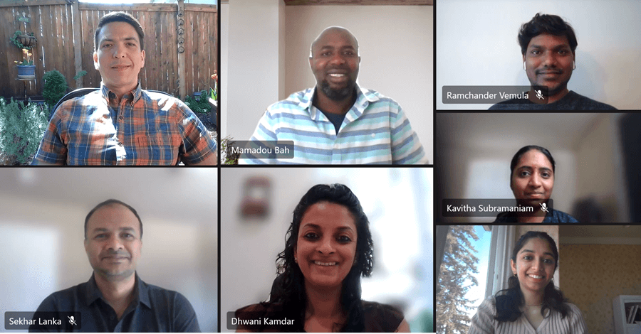 Teams photo with Bah, Vemula, Subramaniam, Bhamidipati, Kamdar, and Lanka.