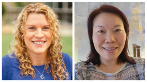 Flaherty and Go smile in separate photos that have been joined together. Flaherty is outside and Go is in her home office.