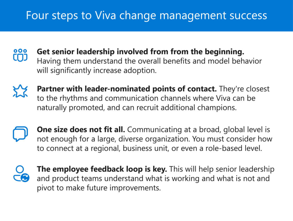 Successful change management steps: involve leadership, designate points of contact, build in flexibility, and include employees.