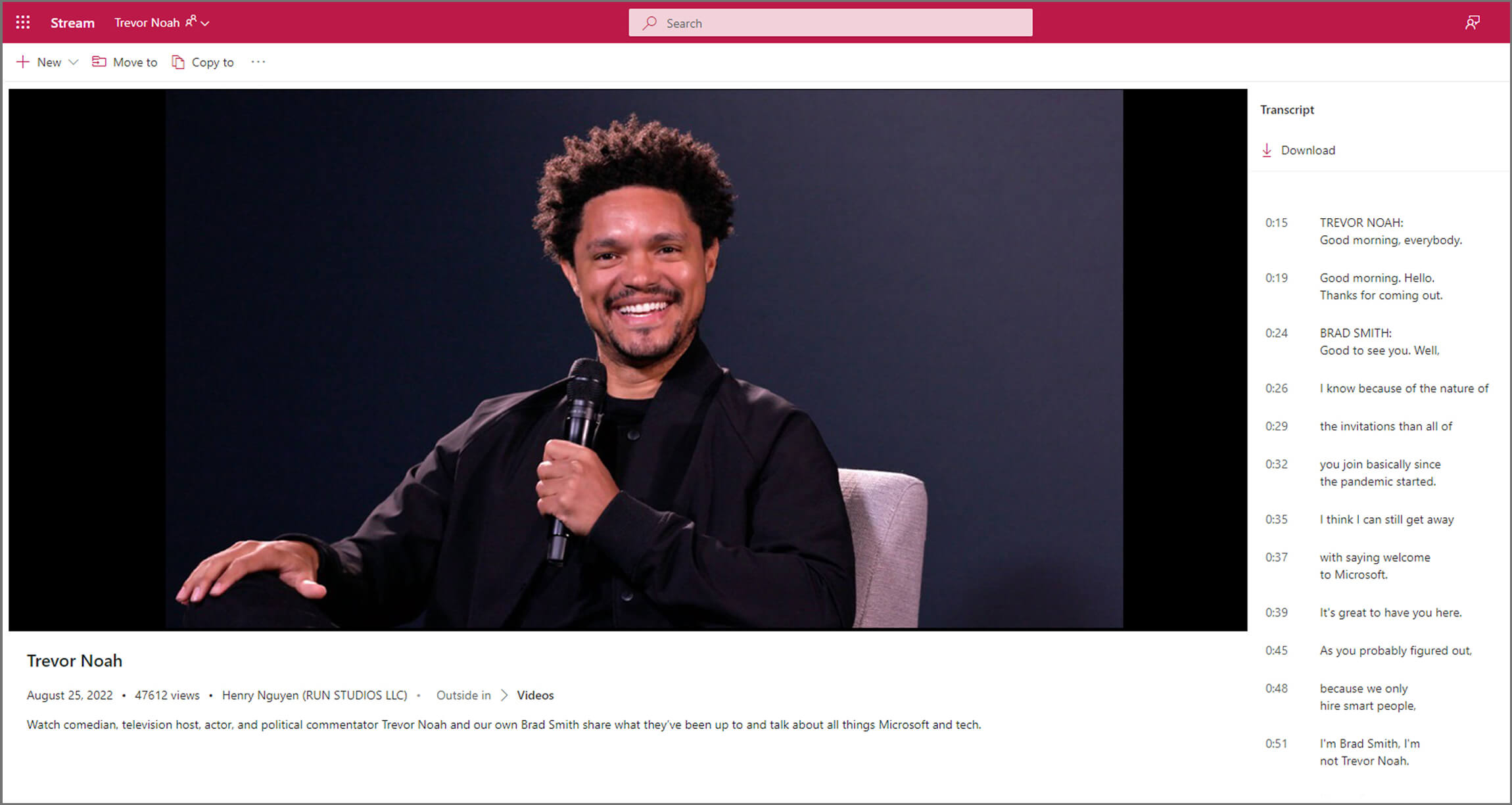 Screencap of a new Microsoft Stream page showing a video recording of Trevor Noah.