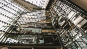 This inside of a Microsoft building looking up from the lobby at a series of offices and balconies.