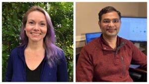 Lancaster stands outside in front of some grass and trees and Gajarla sits in his home office in two photos grouped together.