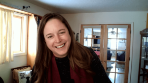 Pfluger speaks during a meeting from her home office.