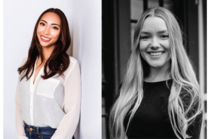 Strub and Larsen smile in posed photos that have been joined together.