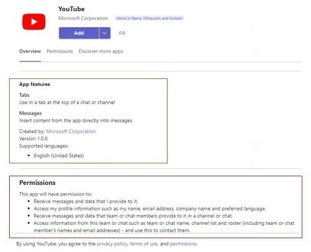 A screenshot of the Windows store UI, displaying the YouTube application page with app features and permissions.