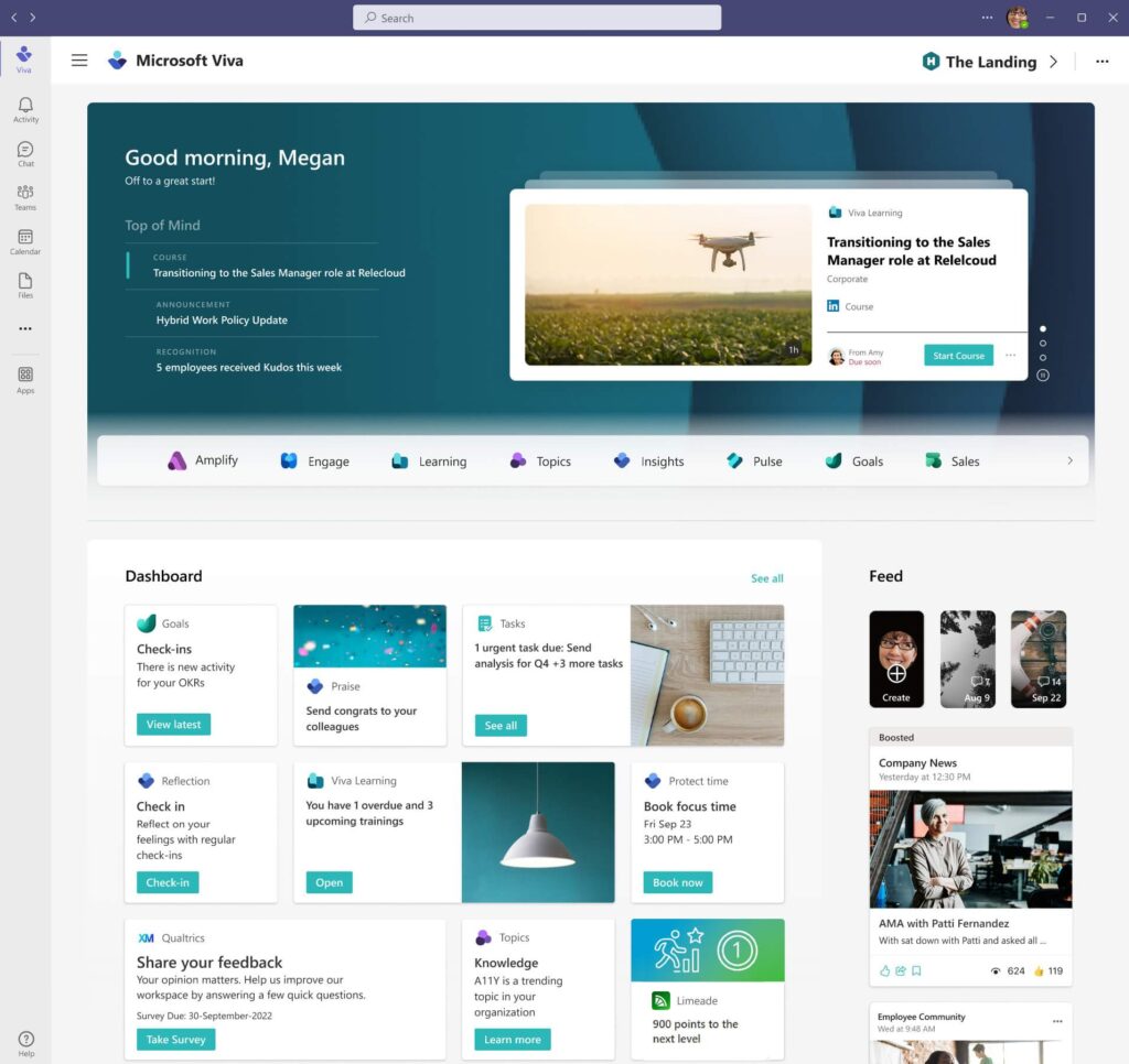 Screenshot of a Microsoft Viva Connections dashboard displaying personalized information from different sources across the company for employees. The information is displayed using Adaptive Cards.