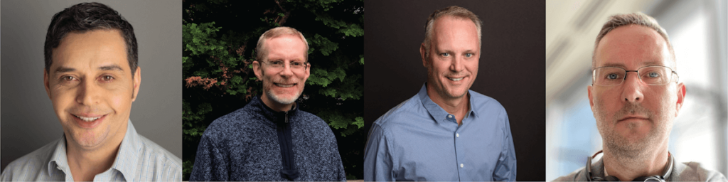 Rodriguez, Bouker, Manchester, and McBain pose for pictures that have been stitched together into a collage.