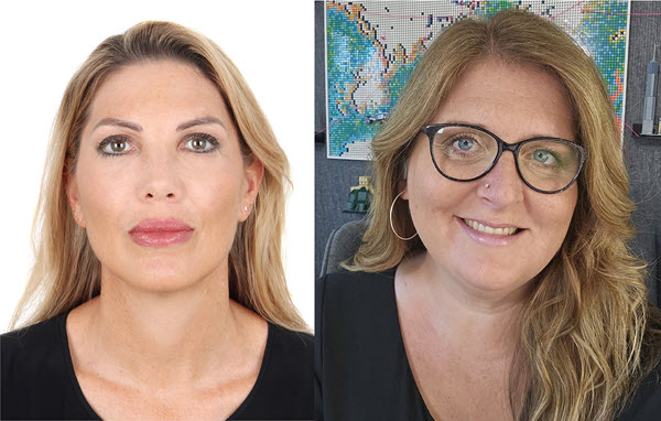 Jones and Barrass pose for pictures that have been assembled into a collage.