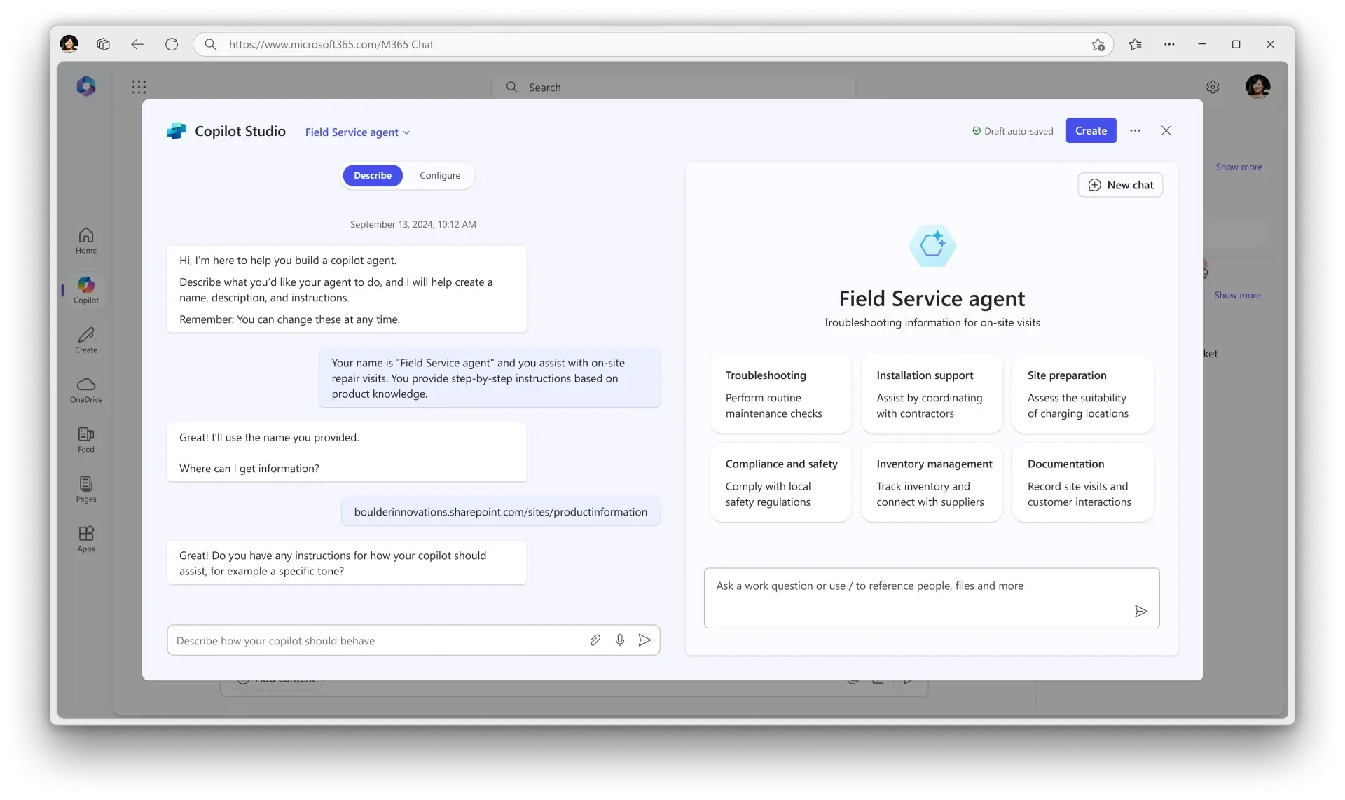 The Microsoft Copilot Studio agent builder interface during the process of creating a field service agent.