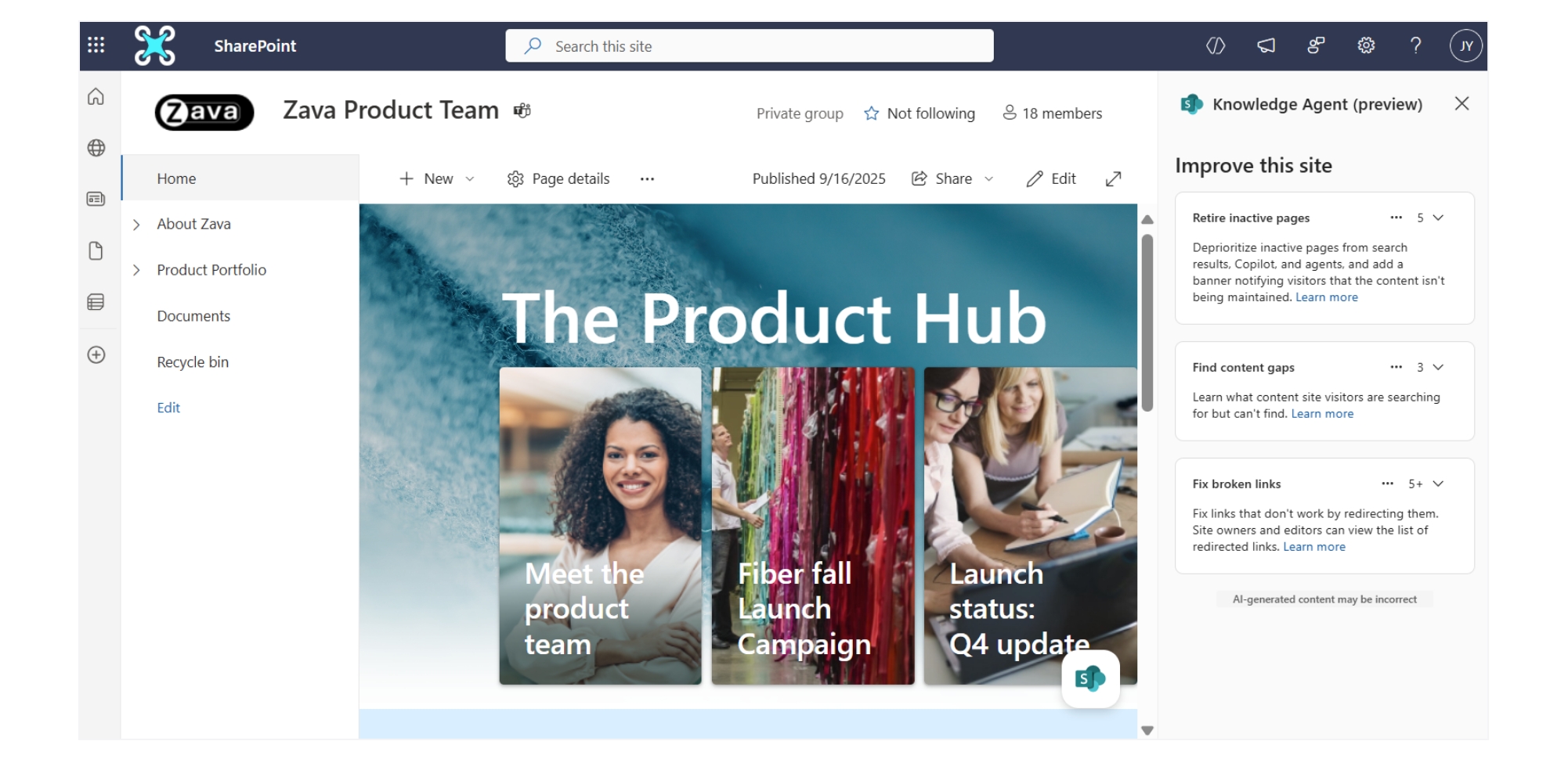 A SharePoint page for a company called Zava, featuring the Knowledge Agent pane along the right-hand side. 