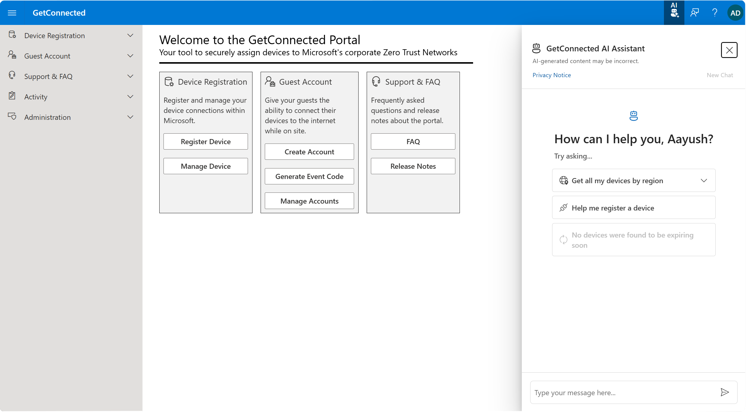 A screenshot of the The GetConnected Portal homepage with the GetConnected AI Assistant asking the user how it can help. 
