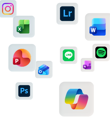 アプリのアイコン集。含まれるアイコンは以下のとおり：Microsoft PowerPoint (P)、Microsoft Outlook (O)、Adobe Photoshop (Ps)、Microsoft Excel (X)、Instagram、LINE、Adobe Lightroom (Lr)、Microsoft OneNote (N)、Spotify、Microsoft Word (W)、Microsoft Teams (T)、そして、多彩な Microsoft 365 副操縦士。