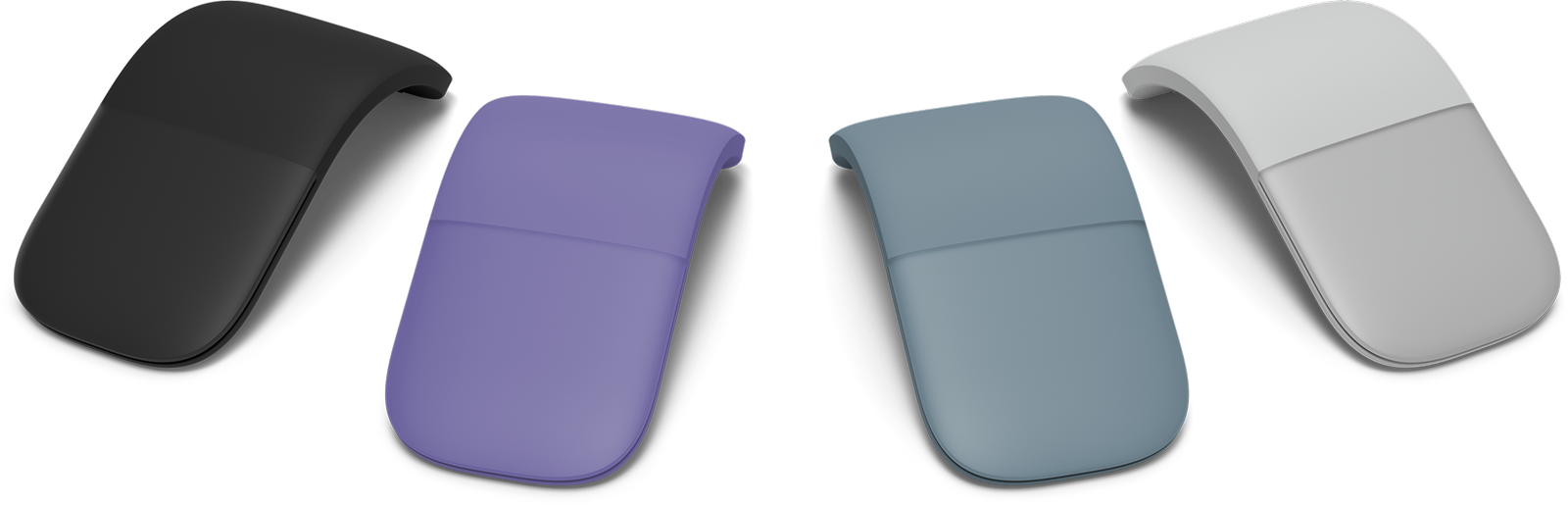 4つの洗練されたミニマルデザインのコンピューターマウスが横一列に並べられている。