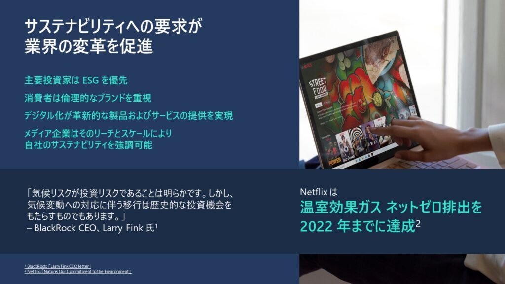 サステナビリティへの要求が業界の変革を促進することについて説明するスライド