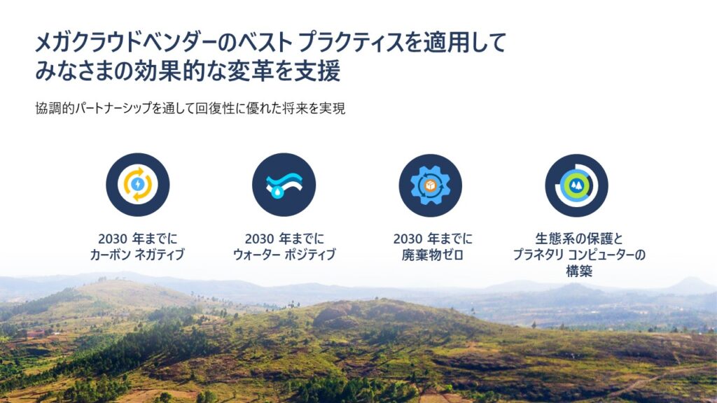 「2030年までにカーボンネイティブ」「2030年までにウォーターポジティブ」「2030年までに廃棄物ゼロ」「生態系の保護とプラネタリコンピューターの構築」を詳細とするこれからのマイクロソフトのサステナビリティへの姿勢を説明するスライド