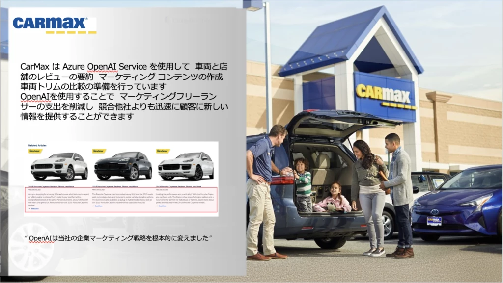 スライド画像「CARMAX」/CarMaxは Azure OpenAI Service を使用して 車両と店舗のレビューの要約 マーケティングコンテンツの作成車両トリムの比較の準備を行っています OpenAI を使用することで マーケティングフリーランサーの支出を削減し、競合他社よりも迅速に顧客に新しい情報を提供することができます。/”OpenAI は当社のマーケティング戦略を根本的に変えました”