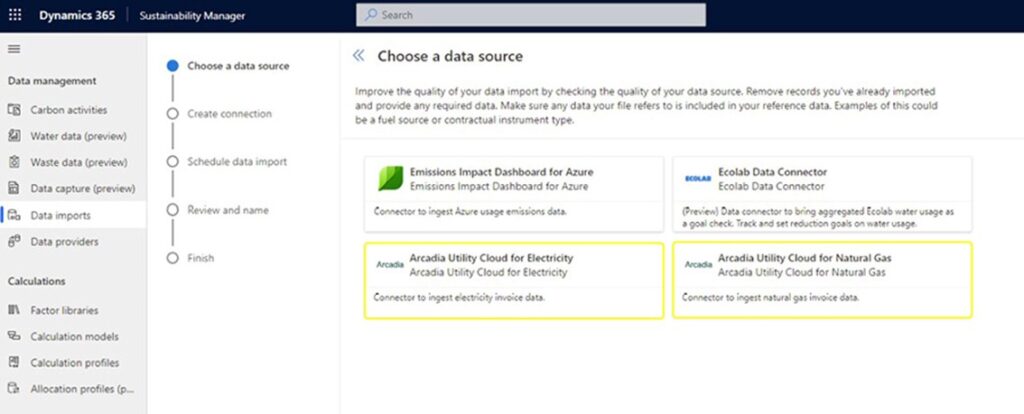Sustainability Manager の Data imports ウィンドウ 
