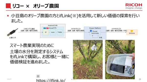 スライド画像「リコー×オリーブ農園」/小豆島のオリーブ農園の方と ifLink (※)を活用して新しい価値の探索を行いました。/スマート農業実現のために土壌の水分を測定するシステムを ifLink で構築し、お客様と一緒に価値検証を進めました。/※ https://iflink.jp/