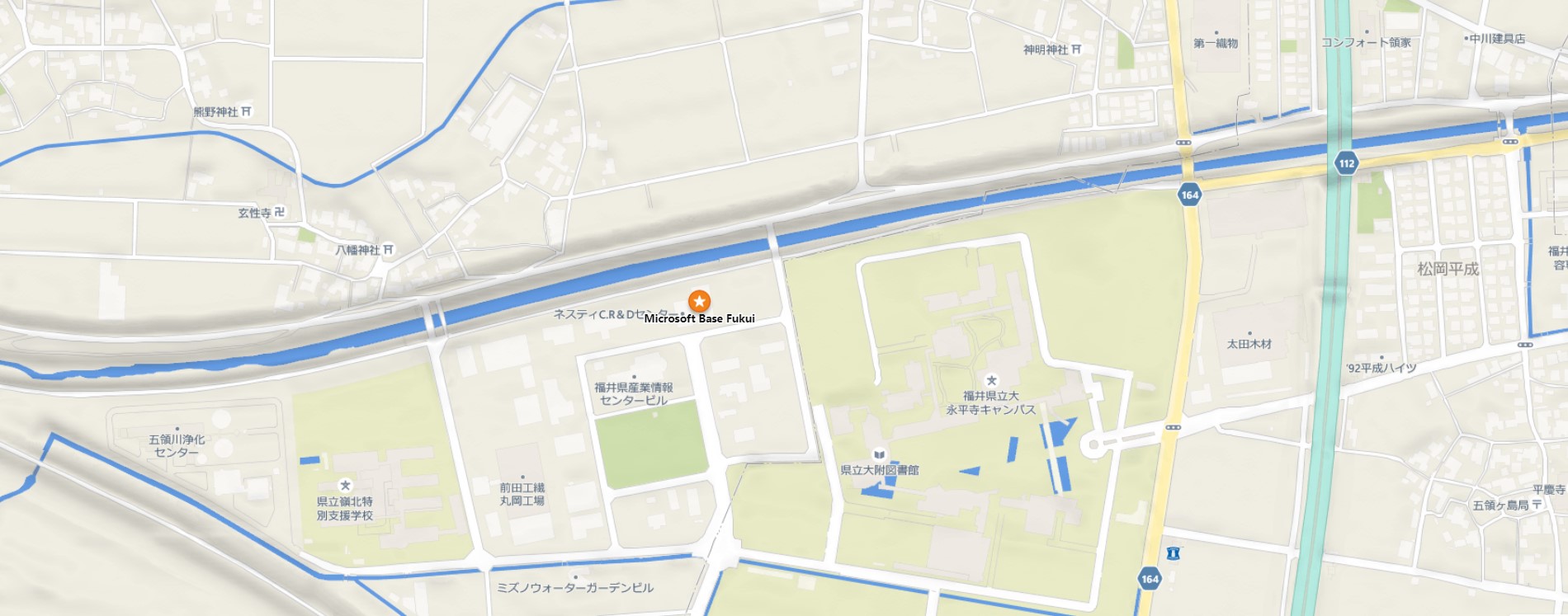 福井周辺の地図で、道路、建物、河川が描かれており、「Microsoft Base Fukui」が星のピンで示されています。
