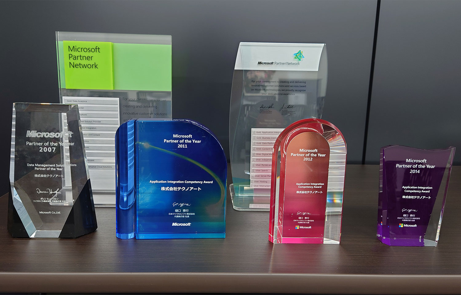 「株式会社テクノアート」に授与された2007年、2011年、2012年、2014年の「Microsoft Partner of the Year」受賞トロフィーと「Microsoft Partner Network」の盾が棚に並べて展示されています。